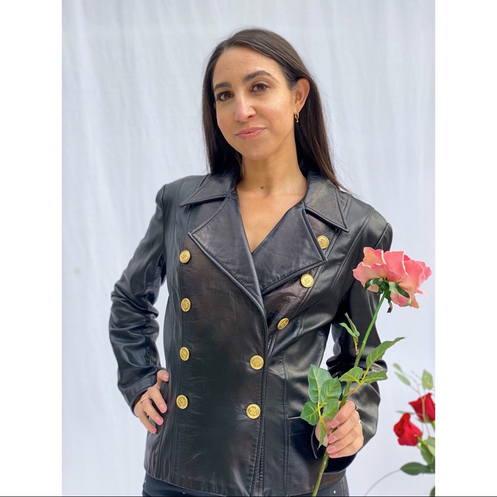 Vintage black leather blazer with gold buttons